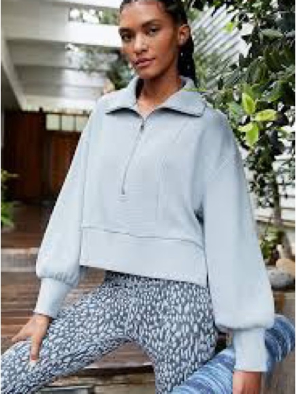 Cropped Half-Zip Pullover Sweatshirt in Light Blue